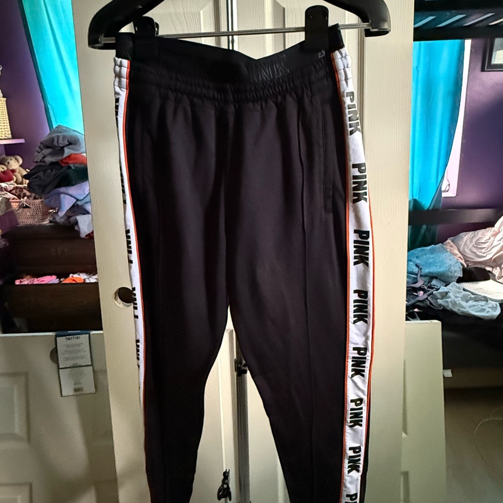 PINK Victoria's Secret Black Joggers with Pink and White Stripes